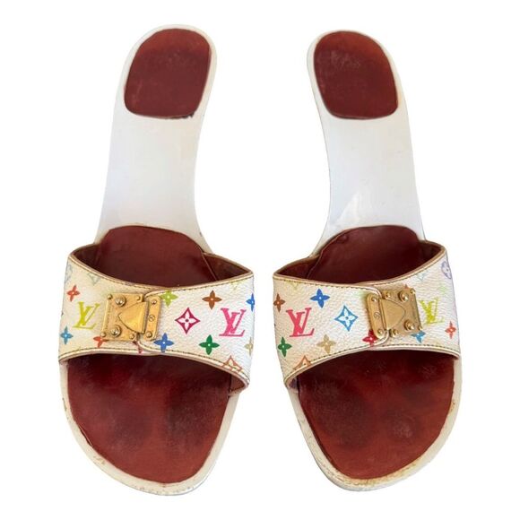 Louis Vuitton Y2K Murakami White Multicolor LV Buckle Mule Sandals Heels EU 40 - Picture 1 of 15